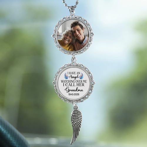Personalized Car Rearview Mirror Accessories for Sympathy Who Loss of Grandma Mom Sister Mama, I Have an Angel Watching Over Me I Call Her Grandma Car Charm, Custom Photo & Name Memorial Cars Charms