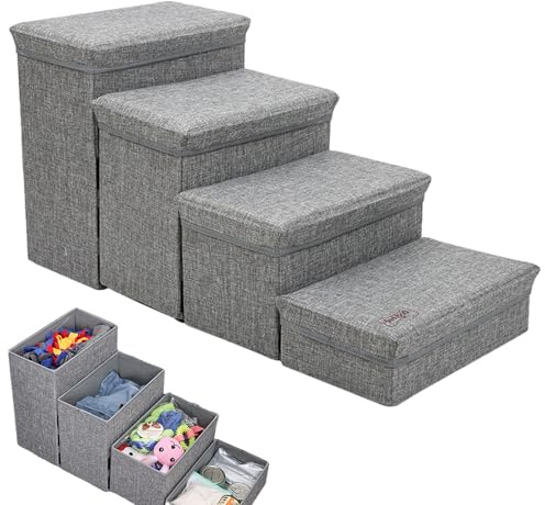 Adjustable Steps for Dogs, Stairs Bed Puppies Pets 4 Steps Sofa Folding Indoor Kennel with Storage, Ramp An