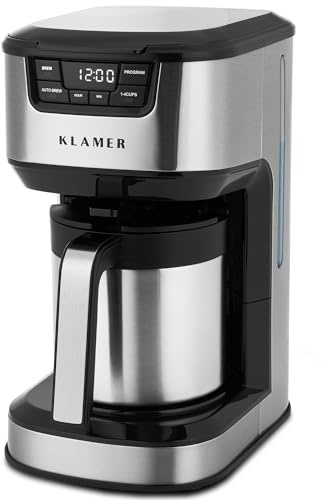 KLAMER Filterkaffeemaschine mit Thermoskanne, Kaffeebereiter mit 1,25L Fassungsvermögen, Startzeitvorwahl & Tropf-Stopp, 1000 Watt Kaffeemaschine für bis zu 10 Tassen