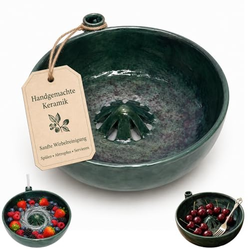 Berry Washing Bowl, cuenco de cerámica para lavar bayas, cuenco giratorio con agujeros, diseño de remolino autoenjuague para arándanos, fresas, uvas, preparación de ensaladas (cerámica)