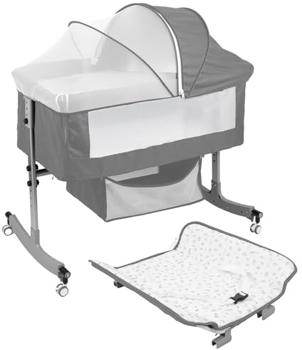 Rodiuiu 4 In 1 Baby Crib,Next to Me Crib with Changing Table,6 Levels Adjustable Bedside Bed for Baby with Wheels,Storage, Mosquito Net and Matress,Portable Cribs for Newborn Infant Grey