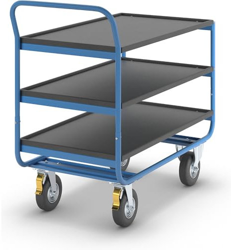 eurokraft | Tischwagen | Tragfähigkeit 150 kg | 3 Ladeflächen mit Abrollrand | Luftbereifung