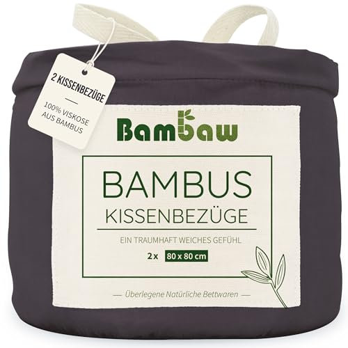 Bambaw Bambus Kopfkissenbezug 80x80 cm, 2-er Pack, 100% Bambusfasern, für Allergiker-Bettwäsche, antibakterielle und Anti Akne Kissenbezug, atmungsaktiver Kissenbezug kühlend 80x80 cm (Anthrazit)