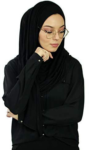 Hijab Foulard à Enfiler avec ouvertures pour lunette pour femme musulmane voilée châle islamique voile enfilable HE500 (Noir)