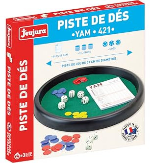 JEUJURA - Piste de Yam 421 - Coffret Complet avec Plateau Bois, 5 Dés, 21 Jetons, Bloc de Score - Jeu Stratégique et Réflexif - Fabriqué en France - À partir de 3 Ans - 8154