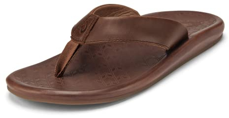 OLUKAI 'Ilikai Men's Leather Sandals, Full-Grain Leather Flip-Flop Slides, Anatomical Footbed & Cushioning, Comfort Fit & Wet Grip Rubber, Toffee/Toffee, 11