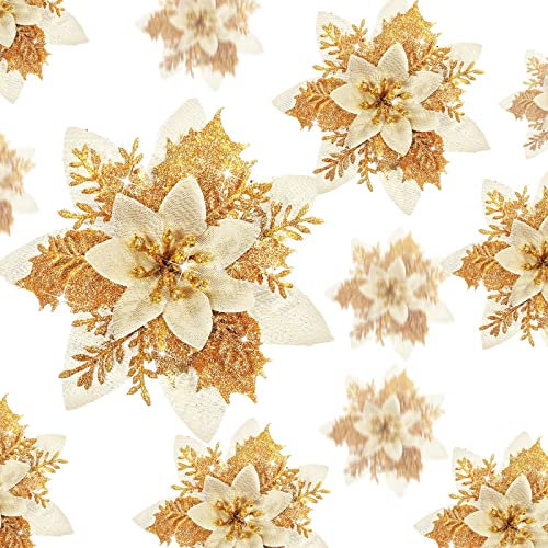 Geosar 24 Pcs Fleurs de Poinsettia Artificielles à Paillettes de Noël Décorations de Fleurs Poinsettia Mariage Ornements de Sapin de Noël avec Clips, 6 Pouces, 4 Pouces, 3 Pouces (Or)