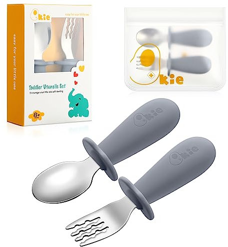 Qkie Kinderbesteck Baby Besteckset Mit Aufbewahrungstasche Edelstahl Baby Löffel Und Baby Gabel Mit Silikon Griffe Für Baby Kleinkind Esslernbesteck, BPA-Frei, 10 Monate+