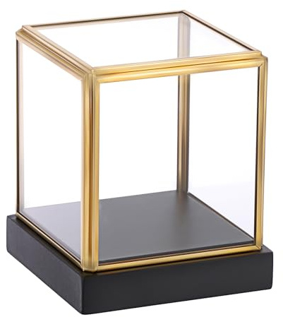 TOLIDA Vitrine carrée en verre transparent avec cadre doré et base en bois de pin noir pour objets de collection, 10 x 10 x 12 cm