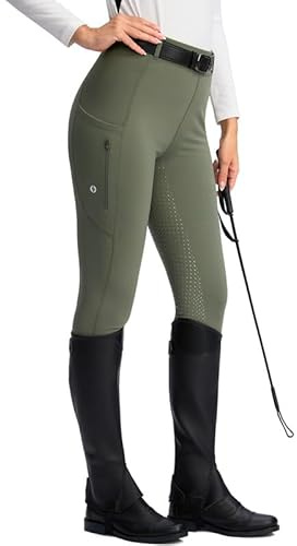 SANTINY Women's Horse Riding Pants Zipper Pockets Silicone Full-Seat Breeches Equestrian Schooling Tights for Women (Grey Sage_XS)