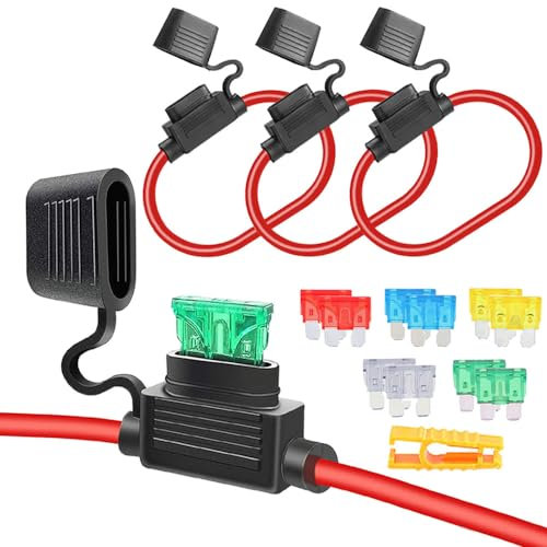 Aiqeer 3 Pezzi 32V Medio In-Linea Portafusibili, Impermeabile Portafusibili a Lama Auto con 16 AWG Cavo, Gratuito 10 Pezzi Fusibili a Lama Standard e Estrattore di Fusibili