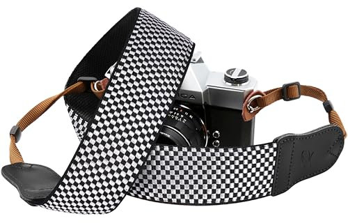 Padwa Lifestyle Black and White Fine Plaid Camera Strap - 2 Wide Cowhide Head Cotton Strap,Vintage Check Weave Neck Shoulder & Crossbody Camera Straps for Photographers Gift and All DSLR Cameras