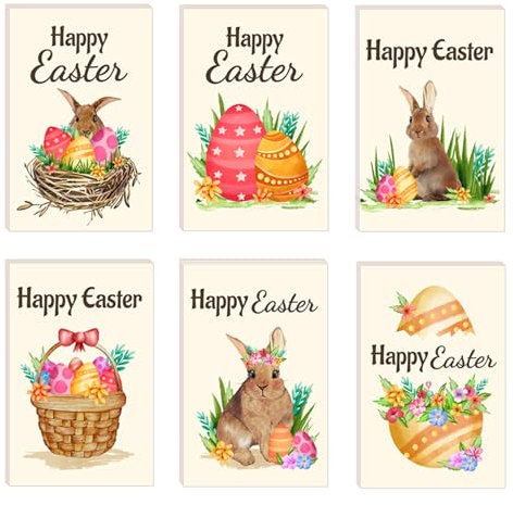 Koboko 6 Stücke Osterkarten mit Umschlag,Osterkarte,6 Ungestylte Frohe Ostern-Grußkarten,Hasen-Ei-Elemente,Dekoration,Hasenkarten, Osterparty-Zubehör für Kommunikation im Klassenzimmer,Geschenke