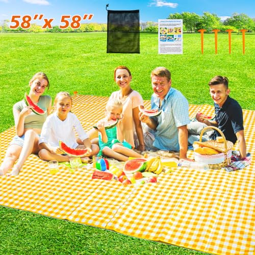 ZHUYNXIR Extra Large Picnic Blanket, 148x148cm Waterproof Picnic Blanket, Gingham Picnic Mat for Beach, Camping Grass Picnic Blankets.148x148cm Yellow.