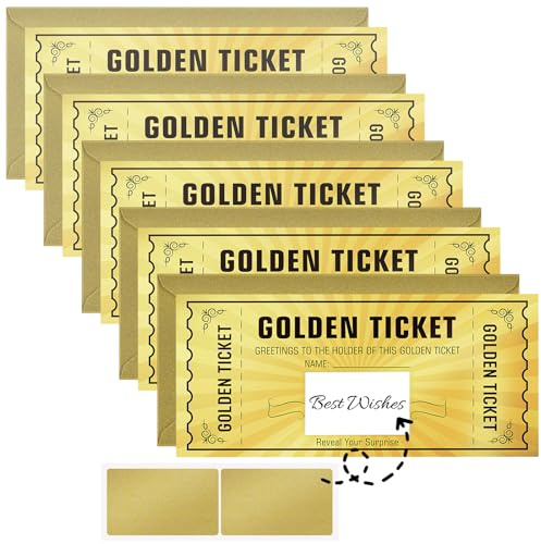 WenmthG 5 Pack Golden Tickets Scratch Off Card with Envelope - Christmas Surprise Gift Reveal - Cards as Birthday Wedding Concert Ticket Cinema Voucher Raffle Gift, Gifts Idea for Friends Kids Women Men