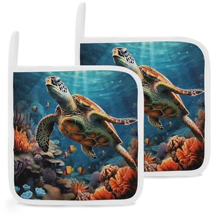 Sea Turtles Diamond Painting Pot Holder Set of 2 Kitchen Heat Resistant Potholder with Hanging Loop Waterproof Durable Oven Hot Pad for Microwave BBQ Cooking Baking 8 X 8 Inch