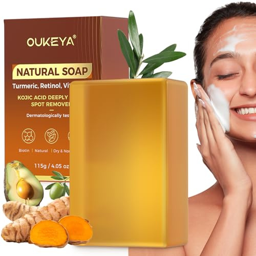 OUKEYA 115g Jabón de Ácido Kójico + Bolsa de Jabón Sólido - Fórmula Avanzada con Ácido Hialurónico 3D, Retinol, Aceite de Aguacate - Anti-Acné, Anti-Edad, Hidratación Intensa, Piel Luminosa