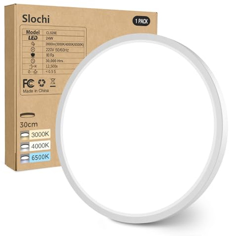 slochi Bathroom Light, 3000K/4000K/6500K 3 Color Temperature, Waterproof, Small, Round, Modern, Flush Ceiling Light for Bathroom, Kitchen, Bedroom, Hallway and MoreØ30CM(White)