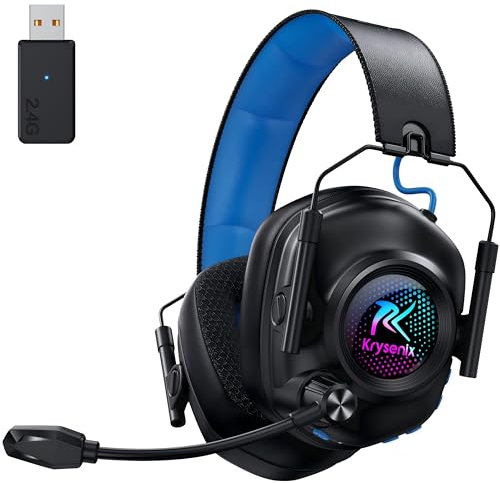 Krysenix KGH2 Casque Gaming sans Fil, 2,4 GHz Casque Gaming pour PS4, PS5, PC, Mac, Switch, Casque Bluetooth avec Microphone, Réduction du Bruit, éclairage LED, Noir Bleu