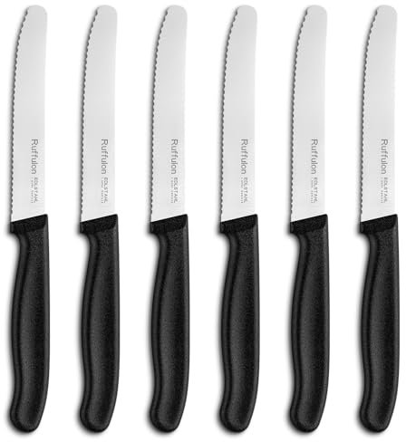 Ruffulon Coltelli da Tavola,6 Pezzi, Set Coltelli da Cucina Professionali,Coltelli da pomodoro in acciaio inox,Coltello da pane,Coltello Seghettato Affilato,Posate Nere,Lavabili in Lavastoviglie