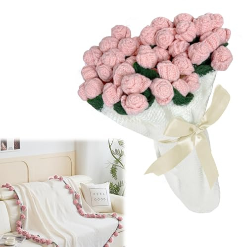 YuLiMirich Flower Bukett Blanket – 80 x 80 cm färdig handgjord virkad rosfilt, virkade blommor filt, mjuk och lätt, födelsedag, heminredning – rosa