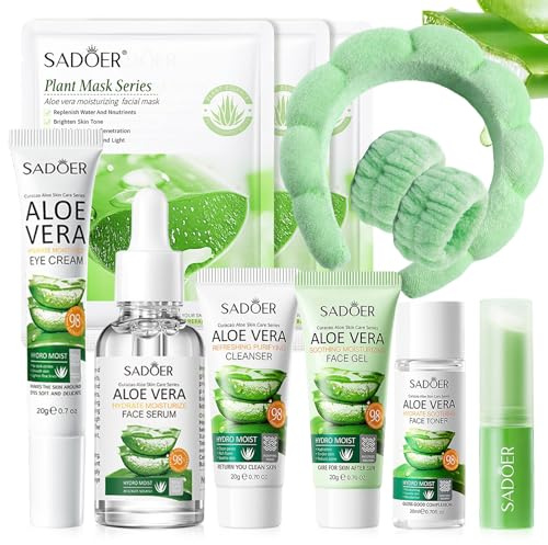 Kit per la Cura della Pelle Aloe Vera 11 Pezzi, Aloe Vera Skincare Set include Detergente, Siero, Tonico, Mini Size da Viaggio Viso, Set Skincare Viso Completo per Ragazze e Donne