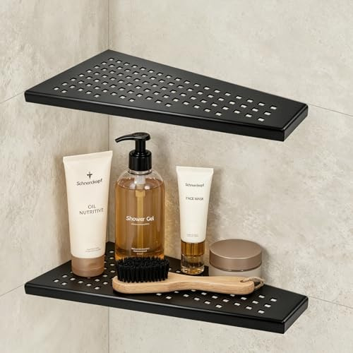 EXLECO 2pcs Étagère d'angle pour Douche en Acier Inoxydable 304, Etagere Murale Encastrable, Tablette Salle de Bain sans Percage pour Shampoing Gel, 7kg par Serviteurs, 305 x 155mm Noir, Mat