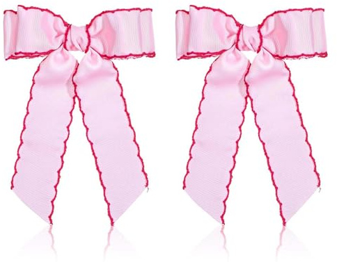 2-Piece Pink Hair Bows with Magenta Piping, Ribbed Ribbon, Long Tails