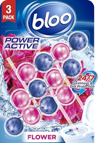 Bloo Power Active Toilet Rim Block Fresh Flowers, with Anti-Limescale, Cleaning Foam, Dirt Protection and Extra Freshness - Pack of 3 Rimblocks