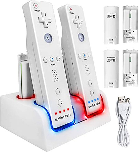 TechKen Charging Docking Station for Wii Controller, Remote Charger Dock Stand Cable Adapter with 4 Rechargeable Batteries (White)