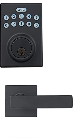 Amazon Basics Contemporary Electronic Keypad Door Lock, Keyless Entry Deadbolt with Handle Set, Easy Installation, Matte Black