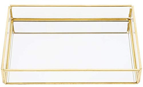 Ladieshow Sacchetti per Il Trucco, Scatola portaoggetti in Vetro Metallo Vintage Scatole per Esposizione di Cosmetici per Gioielli con Vassoio in Oro(Medium)