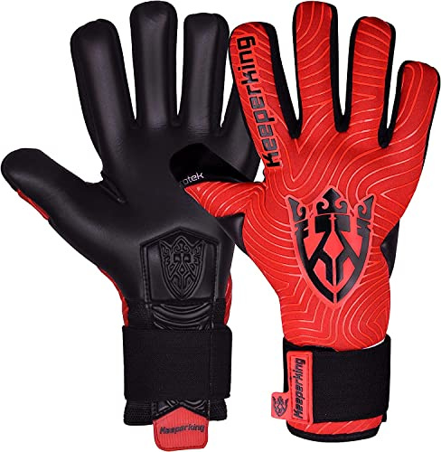 Keeperking Guanti da portiere per adulti, guanti da calcio, da uomo, con cuciture interne, impugnatura professionale, 4 mm, vestibilità stabile, unisex Jonior (10, rosso e nero)