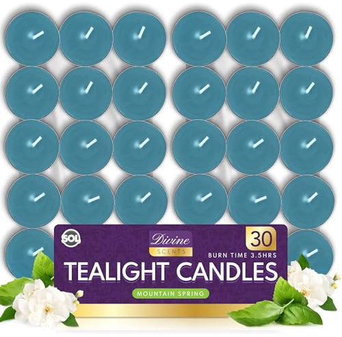 SOL 30pk Tea Light Candles Mountain Spring – 3.5 Hour Burn Time, Scented Tea Lights with a Refreshing Fragrance - Ideal for Home, Relaxation, Romantic Dinners, Weddings, Festive Decor, Cosy Evenings