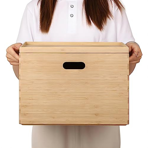 BAMOTTO CRAFTBAMBOO Large 14.6”x10.2”x9.6” Lidded Bamboo Storage Bins - Stackable with Handles, Box/Cube/Basket for Home Kitchen Office, Organize Tableware Toys Crafts Books