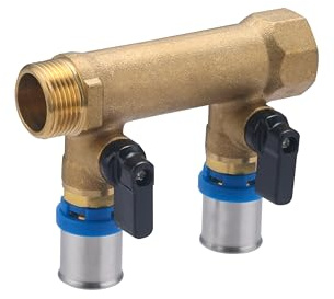 Colector macho-hembra 3/4 con 2 salidas multicapa a prensar Ø20 y válvulas | Latón | Conexión segura, duradera y precisa | Ideal para fontanería | Fácil instalación | QUICK PLOMBERIE