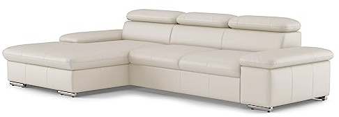 CAVADORE Divano angolare in vera pelle Valerie con sedia a sdraio XL/divano angolare con regolazione testiera, grande sedia a sdraio + piedini in metallo / 286 x 73 x 174 / pelle bianca