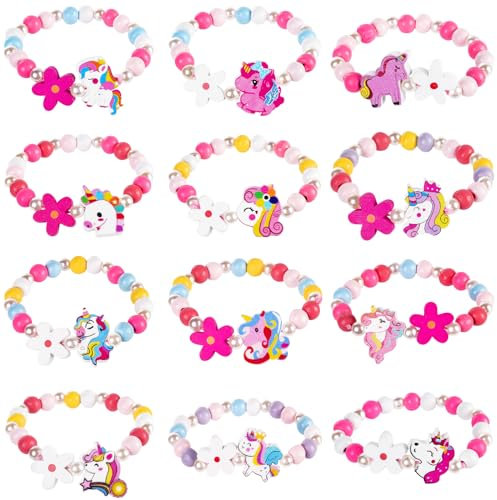 AUAUY 12Stk Holz Armbänder für Mädchen, Bunte Kinderschmuck Handmade Armband, Einhorn Armband Blumen Schmetterling Freundschaftsarmband Schmuck Kinder Mitgebsel Kindergeburtstag Mädchen Geschenke