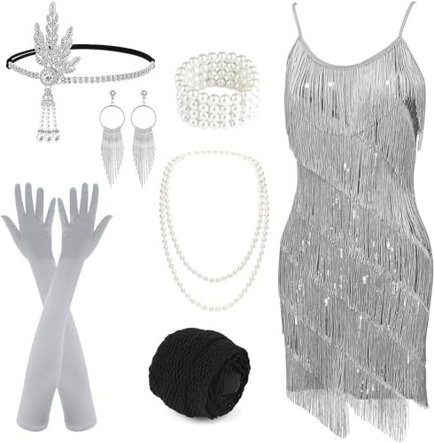 PLULON Abito da Donna Gatsby Anni '20 con Frange e Paillettes Abito Vintage da Cocktail Party con Accessori Anni '20 Set di Costumi per Ballo di Fine Anno (Grigio)