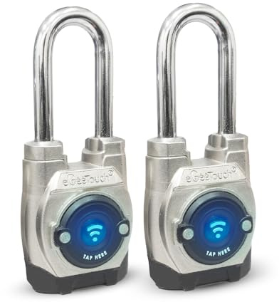 eGeeTouch 5th GEN Outdoor Smart Vorhängeschloss - (2 Stück, langer Bügel) schlüsselloses Bluetooth & NFC Schloss, wetterfeste Sicherheit für Tore, Schuppen und Fahrräder - Bequeme App-Steuerung &