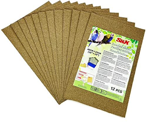 S&X Sand Sheets for Bird Cages, 40CM x 25CM - 12PCS Bird Cage Sand Paper | Thick, flat sand paper liner eases cage cleanup; Gritty surface helps trim claws & beaks; Pre-cut to fit common cage trays