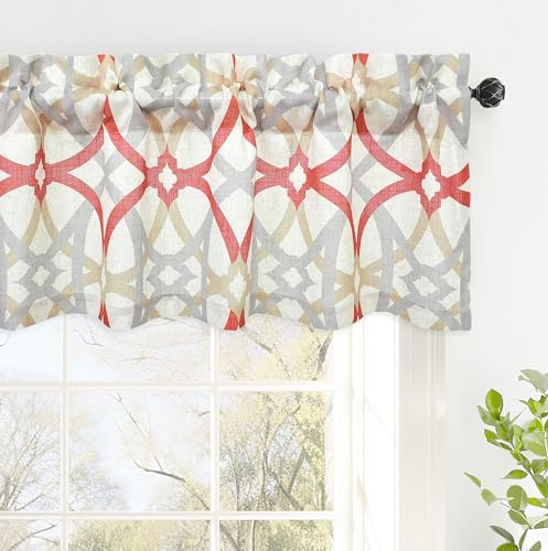 DriftAway Linen Textured Curtain Valances for Windows Bathroom Bedroom Living Room Kitchen Windows Basement Blinds Rod Pocket Semi Sheer 52x14 Plus 1.75 Inches Header 1 Panel Trellis Red