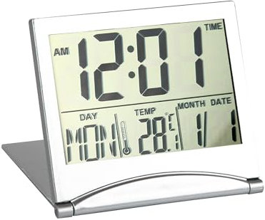 Digital Travel Alarm Clocks with LCD Display Xmas Gifts Foldable Desk Top Clock with Day Date Temperature Battery Powered Mini Portable Small Bedside for Lover Teachers Travel Home Office Silver