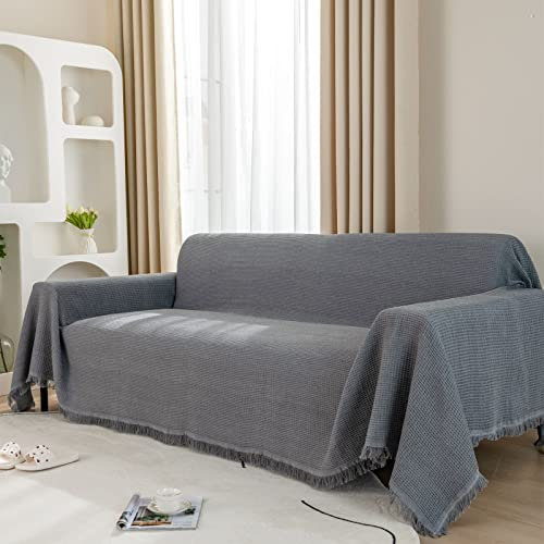 LHGOGO Extra große Waffel Sofadecke 180x340cm Große Sofa Cover Vielseitige Wohndecke als Sofa Überwurf, Überwurfdecke, Sofa Überzug und Tagesdecke mit dekorativen Quasten, Grau