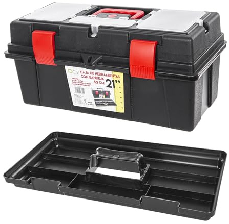 Caja de Herramientas con Bandeja. Varios Tamaños a Elegir. Asa y Bandeja Extraíble de Plástico, Compartimentos Exteriores. Caja de Trabajo con Cierre Seguro (52 cm)