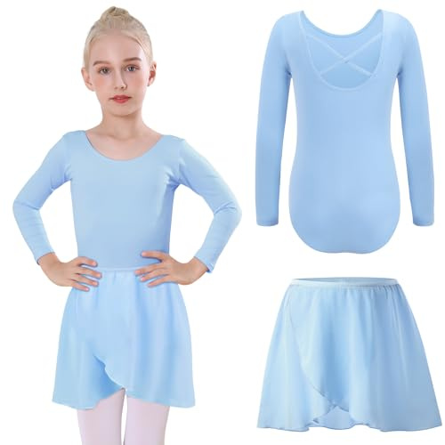 Bezioner Justaucorps Danse Fille avec Jupe de ballet Amovible,Robe Danse Classique Manches Longue Bleu 100(3-4 ans, 100-110 cm)