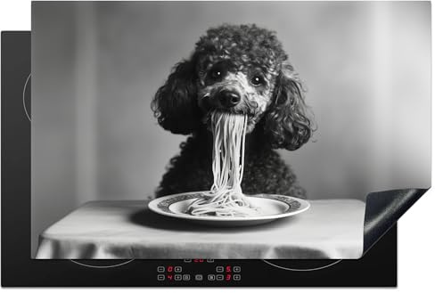 KitchenYeah© Protector Vitroceramica 80x52 cm Tapa para induccion Placa Encimera Cubre de Protectora Cocina Caniche - Perro - Negro - Blanco - Lindo - Pasta