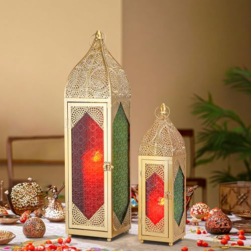 TRIROCKS 2er-Set Dekorative Ramadan-Kerzenlaterne aus Metall Orientalischer Kerzenhalter Arabische Hängende Teelichter Marokkanische Laternen mit Gehärtetem Glas für Heimdekoration Innen Außenbereich