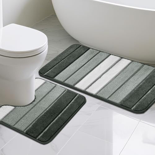 LUSCHEER 2 Piece Bath Mat Set, Extra Soft Absorbent Microfiber Non Slip Rug and Toilet Mat, Water Absorbent Machine Washable for Bathroom Floor (Grey, 80 x 50 cm + U Shaped 50 x 40 cm)
