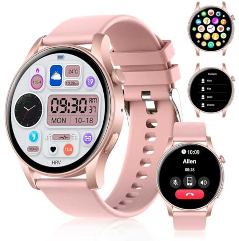 Smartwatch för män och kvinnor, Bluetooth-samtal med 1,43 tums urtavla, puls- och sömnskärm, sportläge 107+, IP67 vattentät, kompatibel med Android och iOS (rosa)